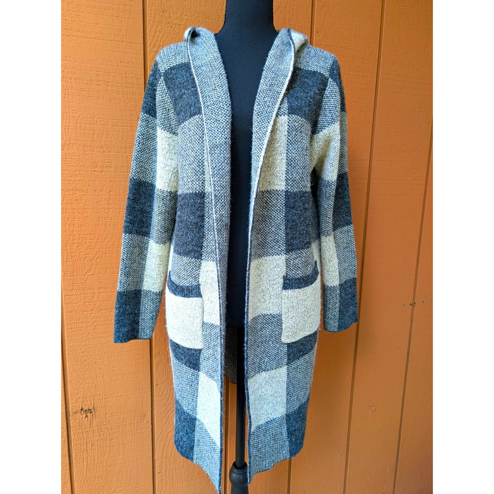 Monteau Hooded Plaid Knit Cardigan Sweater Pockets Gray Ivory Women L